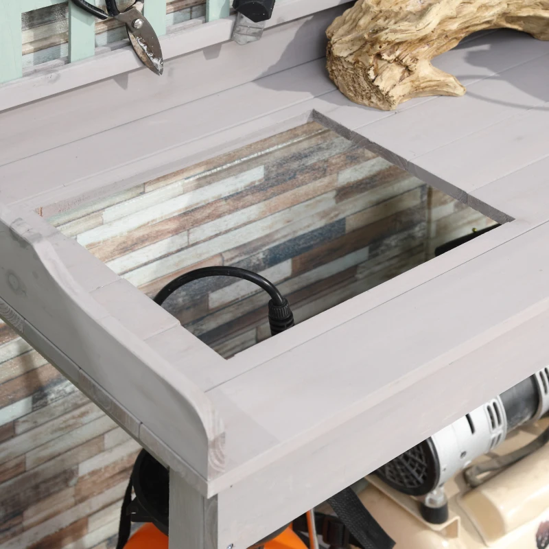 Best Garden Potting Table with Sink, Blackboard and Drawer, Wooden Planting Work Bench Workstation Outdoor Tool Storage Shelves - Image 7