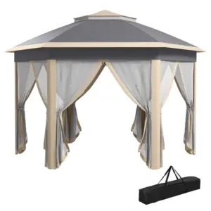 Best Hexagon Pop Up Gazebo Outdoor Patio Gazebo Double Roof Instant Shelter with Netting, 3 x 4m, Khaki