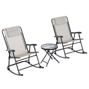 Best 3 Piece Outdoor Rocking Set with 2 Folding Chairs and 1 Tempered Glass Table, Patio Bistro Set for Garden, Deck, Beige