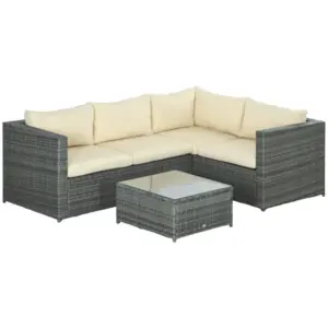 Best 3 Pieces PE Rattan Garden Furniture Set with 10 cm Thick Cushions, 4 Seater Garden Corner Sofa Set with Glass Top Coffee Table, Outdoor Furniture for Patio, Porch, Beige