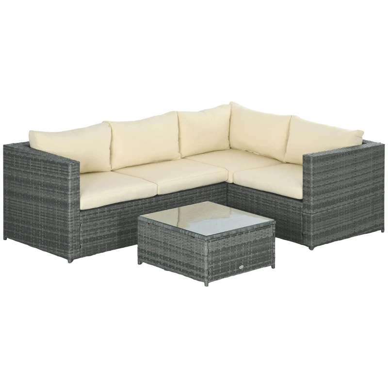 Best 3 Pieces PE Rattan Garden Furniture Set with 10 cm Thick Cushions, 4 Seater Garden Corner Sofa Set with Glass Top Coffee Table, Outdoor Furniture for Patio, Porch, Beige
