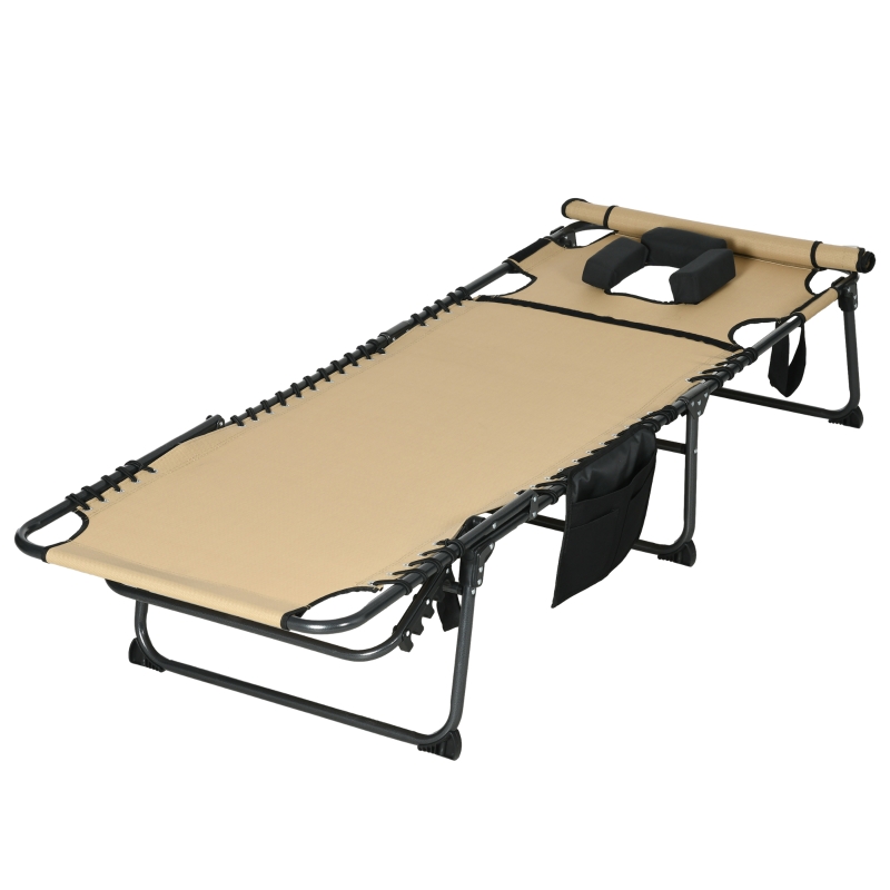 Best Folding Sun Lounge with 5-level Reclining Back, Outdoor Tanning Chair with Reading Hole, Outdoor Sun Lounge with Side Pocket, Headrest, for Beach, Yard, Patio, Beige - Image 11