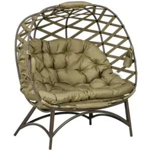 Best 2 Seater Egg Chair Outdoor, Folding Weave Garden Furniture Chair with Cushion, Cup Pockets - Khaki