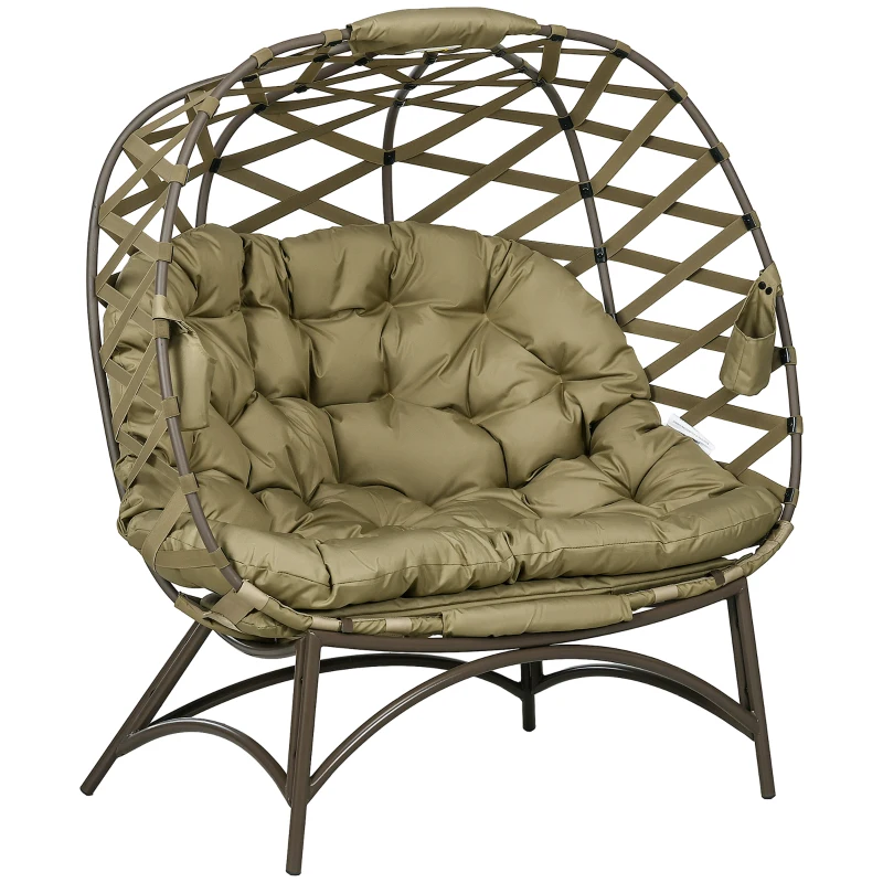 Best 2 Seater Egg Chair Outdoor, Folding Weave Garden Furniture Chair with Cushion, Cup Pockets - Khaki