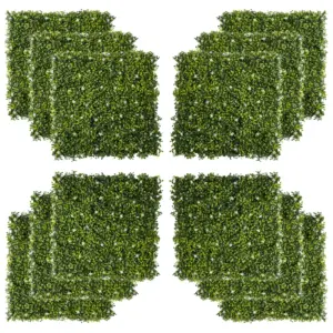 Best 12PCS Artificial Boxwood Wall Panels 50cm x 50cm Grass Privacy Fence Screen Faux Hedge Greenery Backdrop Encrypted Milan Grass with White Flowers for Home Garden Backyard Balcony