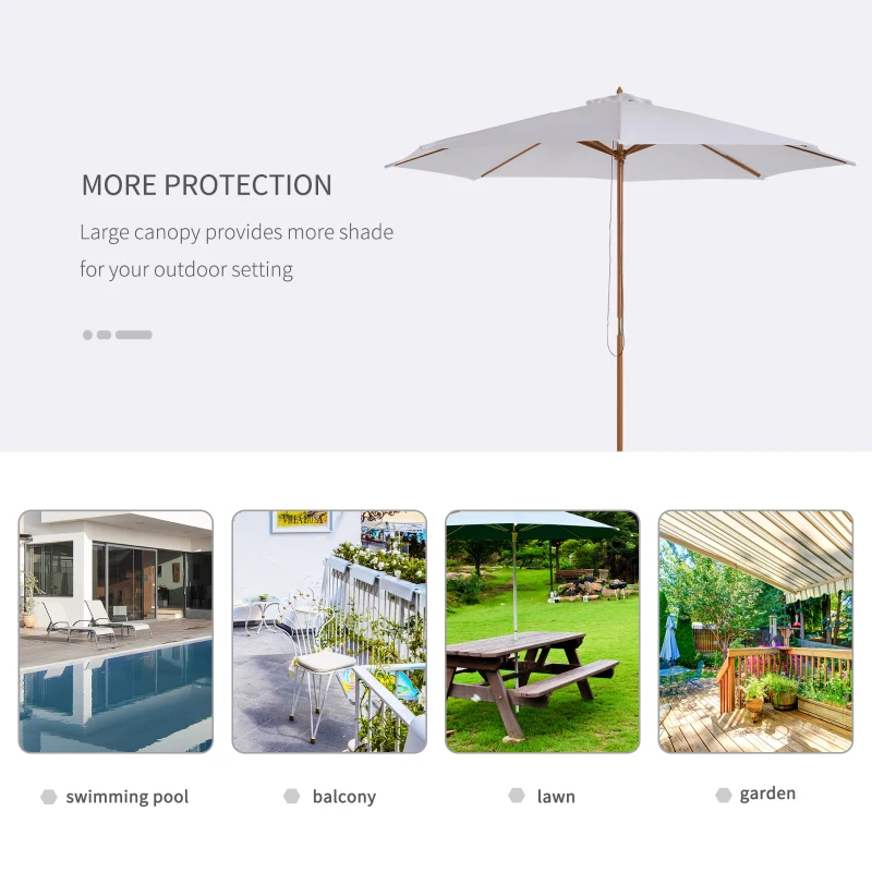 Best 3(m) Garden Parasol, Pulley Operated Patio Umbrella, Wooden Table Market Umbrella with Rope Pulley Mechanism and 8 Ribs, Cream White - Image 6