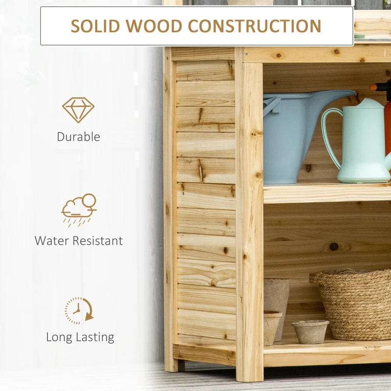 Best Garden Potting Bench Table, Wooden Workstation Bench w/ Galvanized Metal Tabletop, Storage Shelves and Hooks, Natural - Image 6