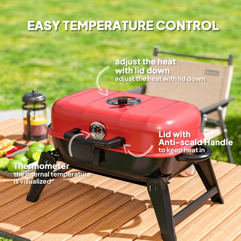 Best Charcoal Barbecue Grill Folding BBQ Grill with 1232 cm² Cooking Area, Adjustable Vent, Thermometer, Handles for Camping Picnic, Red - Image 6