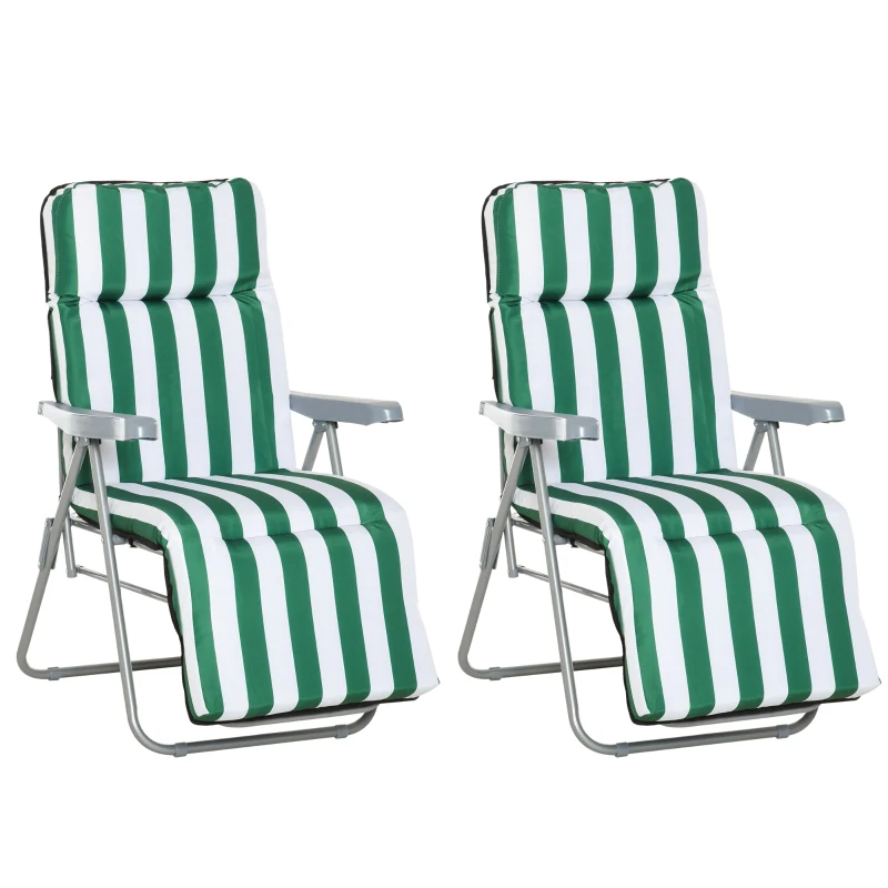 Best 2 Pieces Outdoor Sun Lounger Set with Cushions, Patio Folding 5-Level Adjustable Backrest Recliner Chairs Set of 2 with High Backrest and Armrests, Green & White