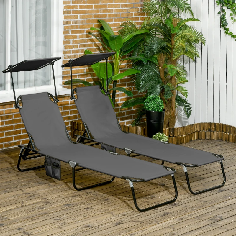 Best Set of Two Folding Sun Loungers, with Adjustable Backs and Sun Canopies - Grey - Image 2