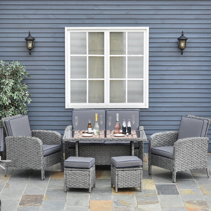 Best 6 Pieces Rattan Garden Furniture Set, 6 Seater Garden Sofa Set with Glass Top Dining Table, Loveseat, 2 Armchairs and Ottomans, Wicker Outdoor Conservatory Furniture for Patio, Grey - Image 10