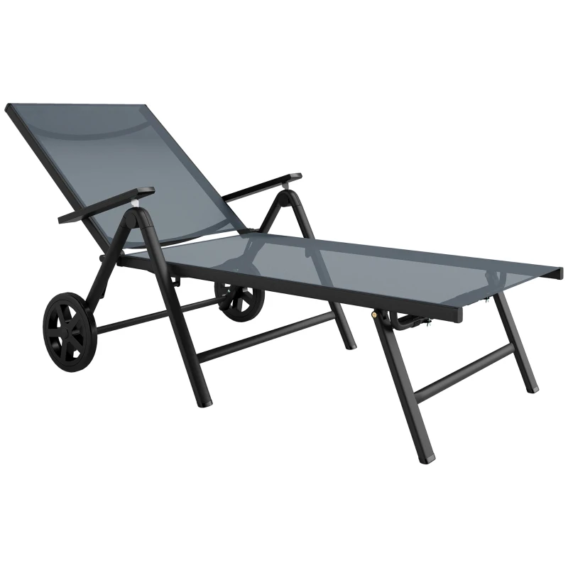 Best Folding Sun Lounger with Wheels, 5-Position Adjustable Garden Chaise Lounge Sunbed with Armrests, Metal Frame Outdoor Portable Reclining Chair for Beach, Porch, Grey