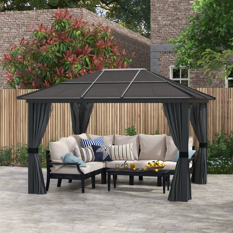 Best 3 x 3.6m Hardtop Gazebo Canopy with Polycarbonate Roof, Aluminium Frame, Permanent Pavilion Garden Gazebo with Netting and Curtains for Patio, Deck, Dark Grey - Image 10
