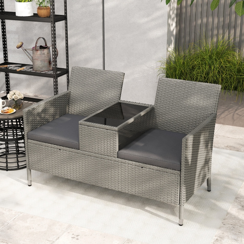 Best 2-Seater PE Rattan Outdoor Garden Bench w/ Centre Table Grey - Image 9