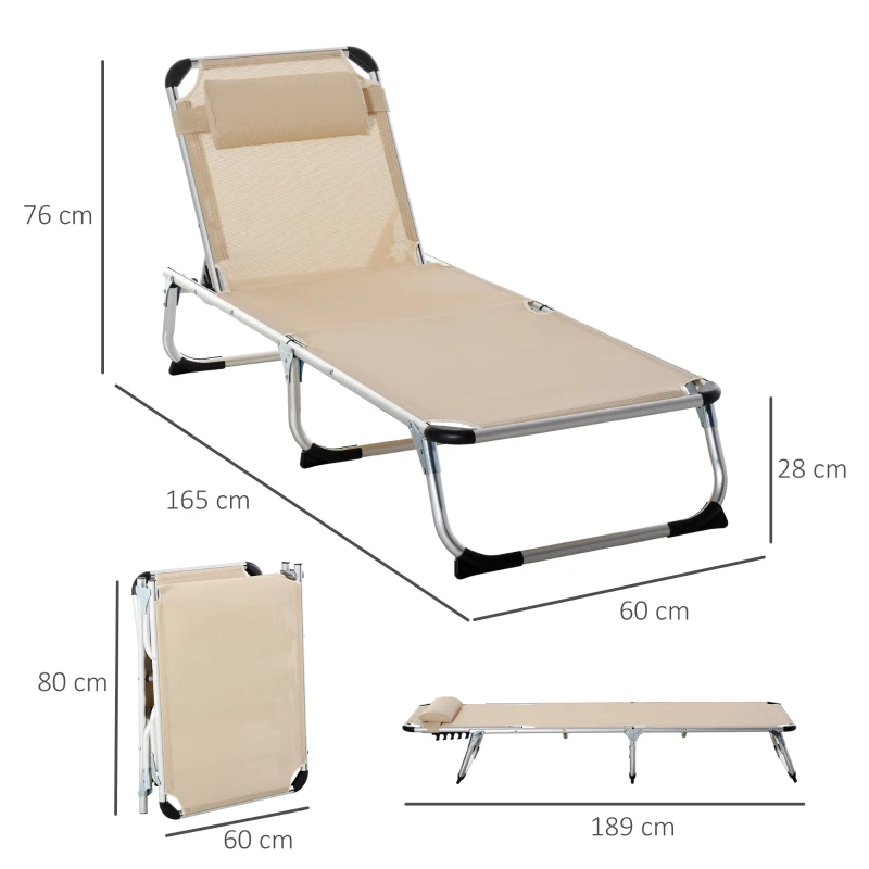 Best Foldable Outdoor Sun Lounger, Reclining Lounge Chair Camping Bed Cot with Pillow 4-Level Adjustable Back Aluminium Frame, Khaki - Image 3