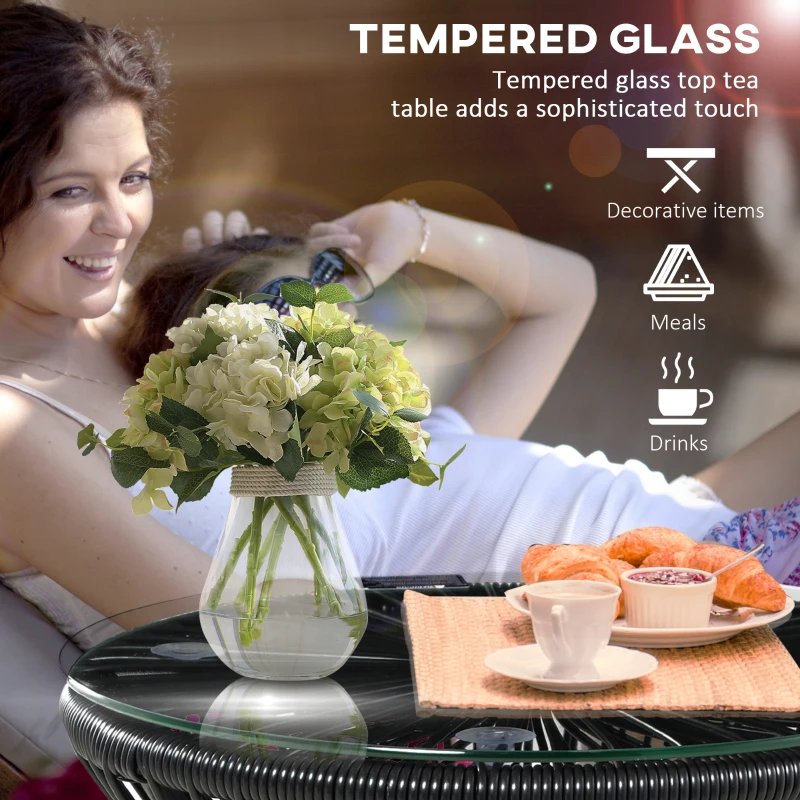 Best Round End Table, Rattan Side Table, Hollow Drum Design Coffee Table w/ Glass Tabletop for Patio, Garden, Balcony Black - Image 4