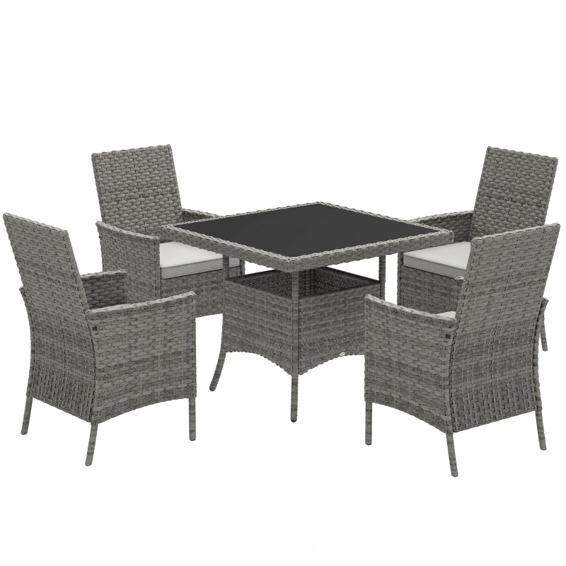 Best Rattan Garden Furniture Set, Outdoor Dining Table and Chairs 4 Seater with Cushions, Square Tempered Glass Top, 4 Armchairs, for Balcony, Terrace, Conservatory, Grey