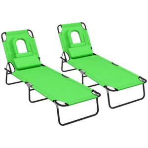 Best Outdoor Folding Sun Lounger Set of 2 with Face Hole, 4 Level Adjustable Backrest Reclining Garden Lounger, Garden Recliner Sunbed with 600 D Oxford Cloth Seat and Pillow for Beach, Green