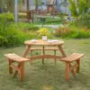 Best 6 Seater Wooden Picnic Table and Garden Benches Set, Round Garden Dining Set with 3 Benches and Umbrella Hole Outdoor Garden Park, Brownish Red - Image 2