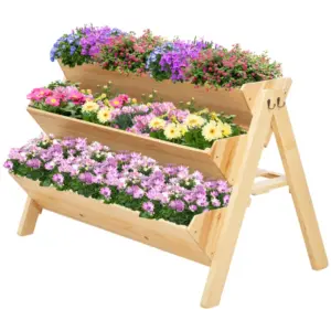 Best 3 Tier Raised Beds for Garden, Wooden Planter Boxes with Clapboard and Hooks, 142L, 120 x 68 x 80cm