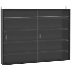 Best 5-Tier Wall Display Shelf Unit Cabinet w/ 4 Adjustable Shelves Glass Doors Home Office Ornaments 60x80cm Black