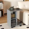 Best C-Shape End Table Unique Storage Unit w/ 2 Shelves 4 Wheels Freestanding Home Office Furniture Cabinet Square Studio Grey - Image 10