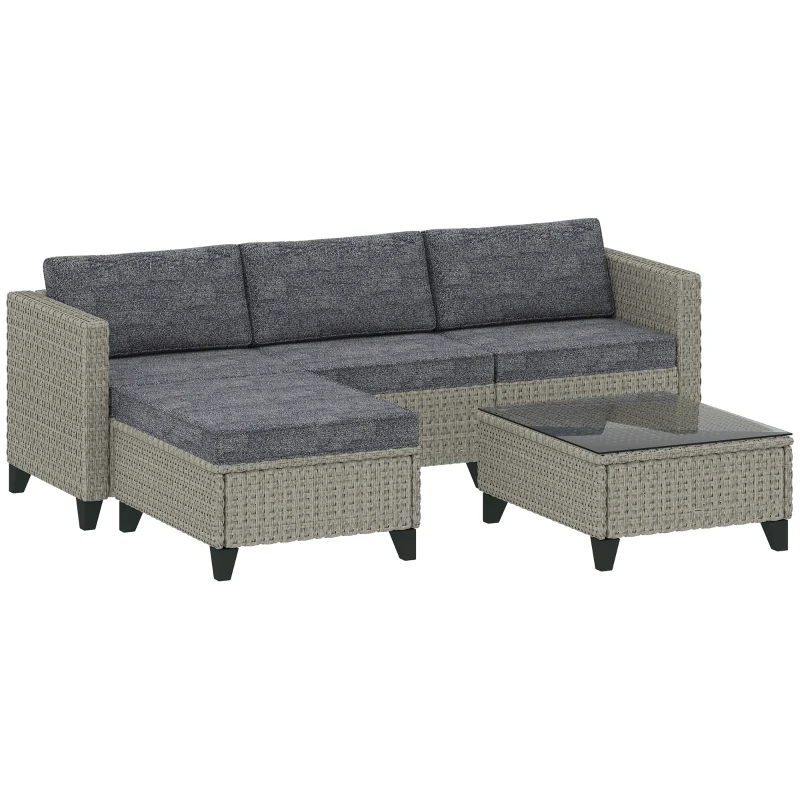 Best 5-Piece Rattan Patio Furniture Set with Corner Sofa, Footstools, Coffee Table, for Poolside, Dark Grey