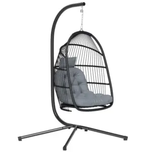 Best Rattan Hanging Egg Chair with Stand, Foldable Wicker Swing Egg Chair with Cushion, Head Pillow, Steel Frame, Hammock Chair for Indoor Outdoor, Capacity 150 kg, Dark Grey