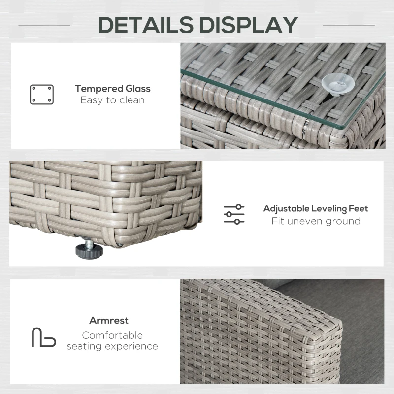 Best 3 Pieces Outdoor PE Rattan Sofa Set, Patio Wicker Conversation Chaise Lounge Furniture w/ Tempered Glass Table-top & Soft Padded Cushion for Garden, Backyard, Lawn, Grey - Image 6