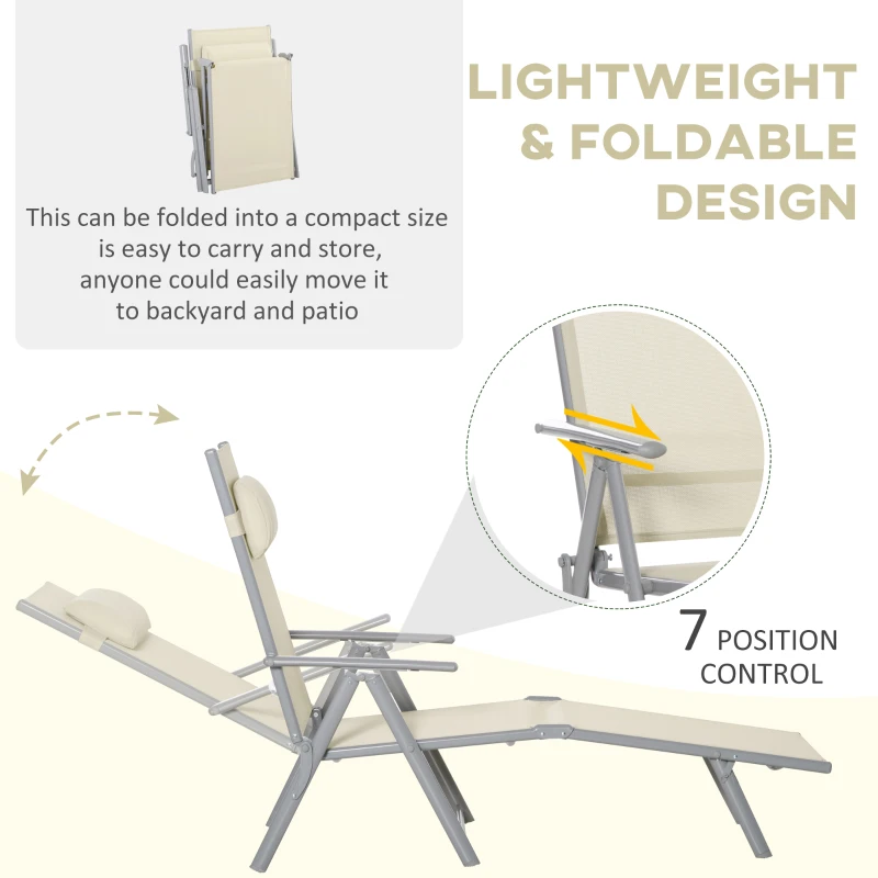 Best Steel Fabric Sun Lounger Outdoor Folding Chaise Lounge Chair Recliner with Portable Design & 7 Adjustable Backrest Positions - Beige - Image 6