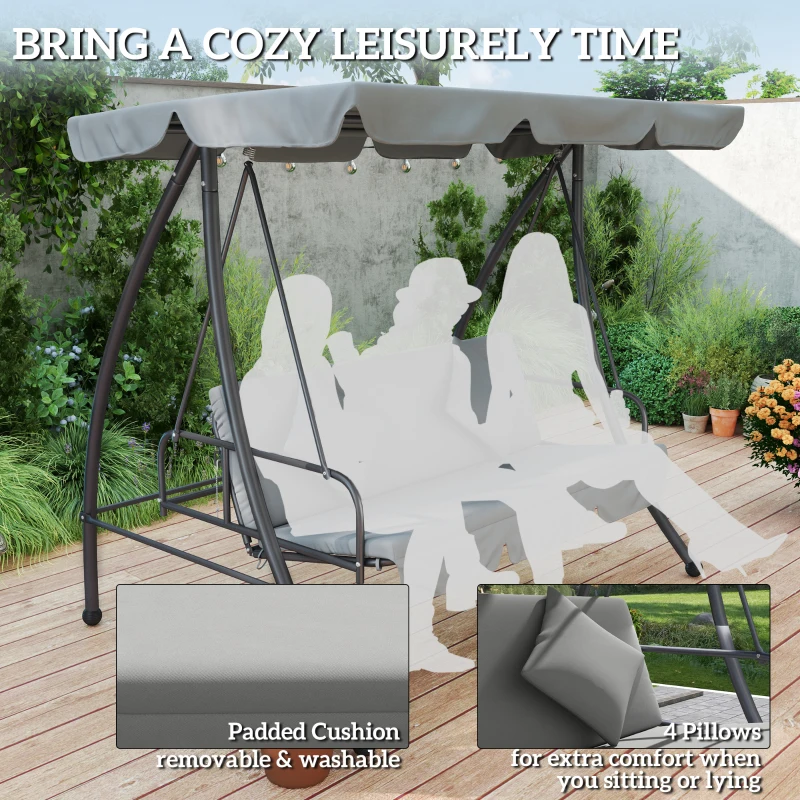 Best Outdoor 2-in-1 Swing Chair Lounger 3 Seater Garden Swing Seat Bed Convertible Tilt Canopy W/ Cushion, Light Grey - Image 7