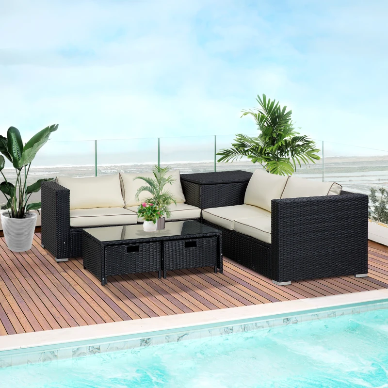 Best 4 Pieces Rattan Garden Furniture Set, 4 Seater Corner Sofa Set with Storage Box, 2 Drawers Coffee Table, Loveseats with Cushions, Wicker Garden Conservatory Furniture for Balcony, Black - Image 2