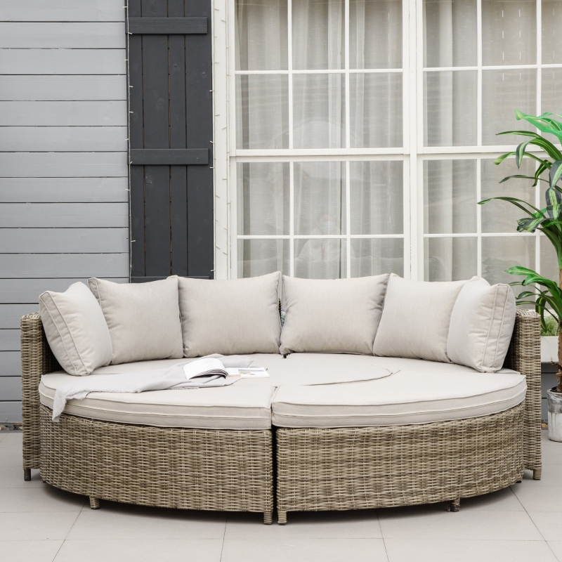 Best 5 Pieces Outdoor PE Rattan Round Garden Daybed with Cushions, Aluminium Patio Furniture Set Lounge Chair Conversation Sofa Set with Liftable Coffee Table and Protect Cover, Grey - Image 12