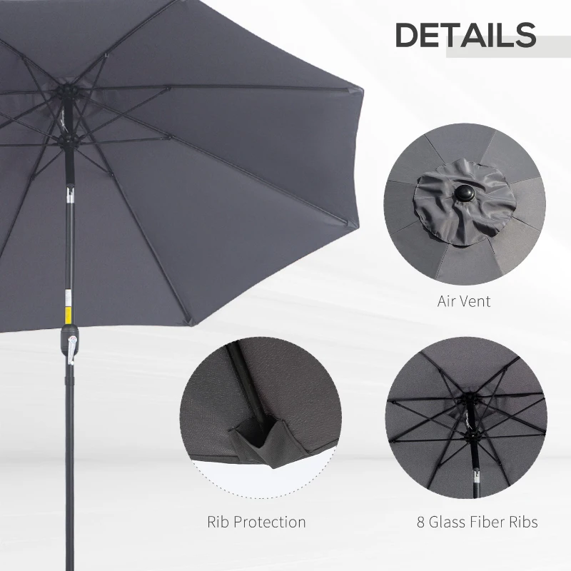 Best 2.7M Garden Parasol Umbrella with Glass Fibre Ribs and Aluminium Frame, Tilting Sun Shade Shelter Canopy, Charcoal Grey - Image 6