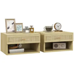 Best Set of Two Rattan Panel Floating Bedside Tables - Wood-Effect