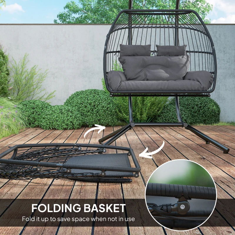 Best Rattan Double Hanging Egg Chair with Stand, Foldable Wicker Swing Egg Chair with Cushion, Head Pillows, Steel Frame, Hammock Chair for Indoor Outdoor, Capacity 260 kg, Dark Grey - Image 7