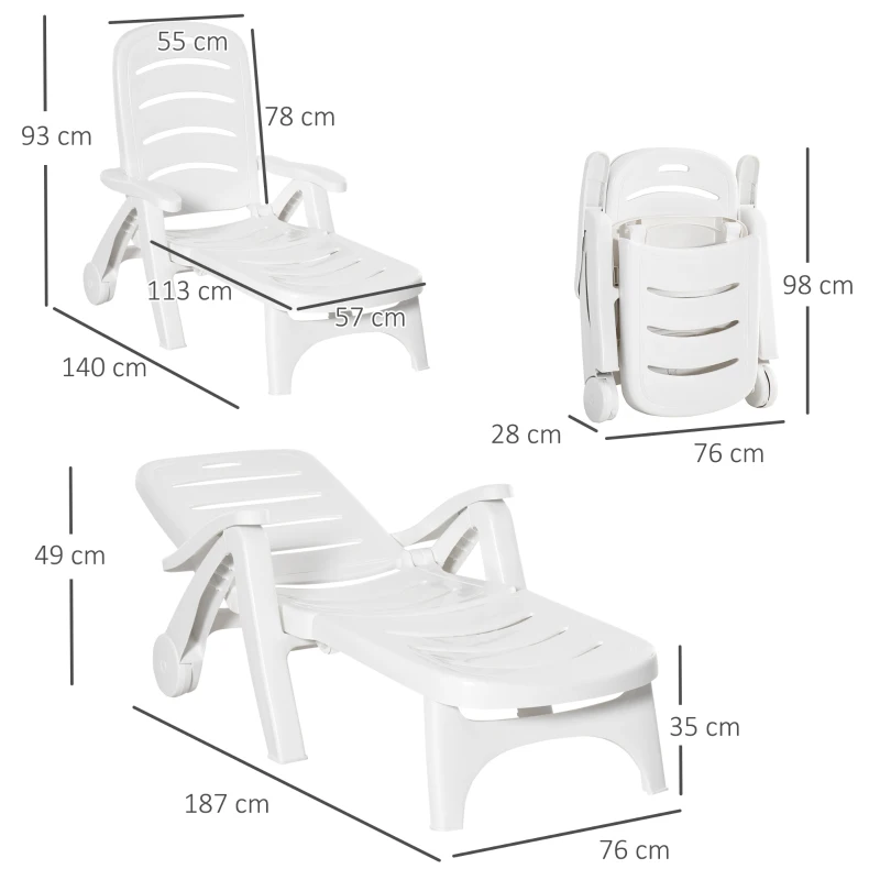 Best Outdoor Folding Sun Lounger Recliner on Wheels w/ 5-Position Backrest, White - Image 3