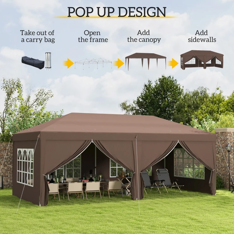 Best 3 x 6 m Pop Up Gazebo with Sides and Windows, Height Adjustable Wedding Camping Party Tent Canopy Marquee with Storage Bag for Garden, Event, Brown - Image 4