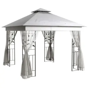 Best 3(m) x 3(m) Double Roof Outdoor Garden Gazebo Canopy Shelter with Netting, Solid Steel Frame, Light Grey