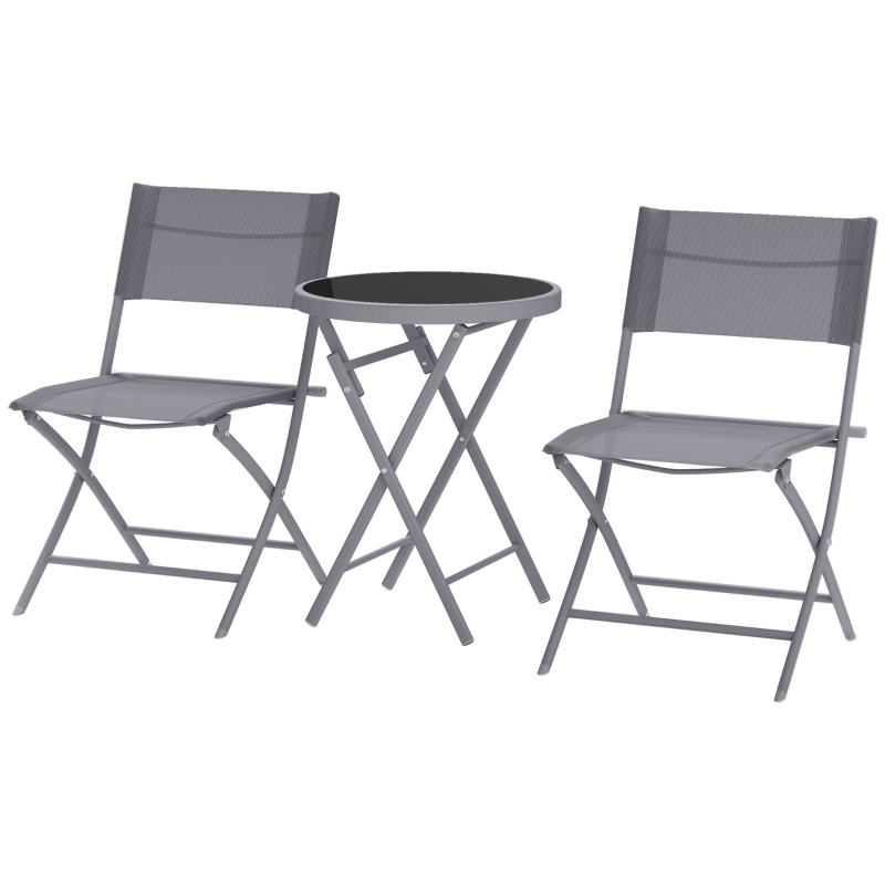 Best 3 Pieces Outdoor Bistro Set, Glass Top Outdoor Table and 2 Folding Chairs with Protecting Feet, Grey - Image 11