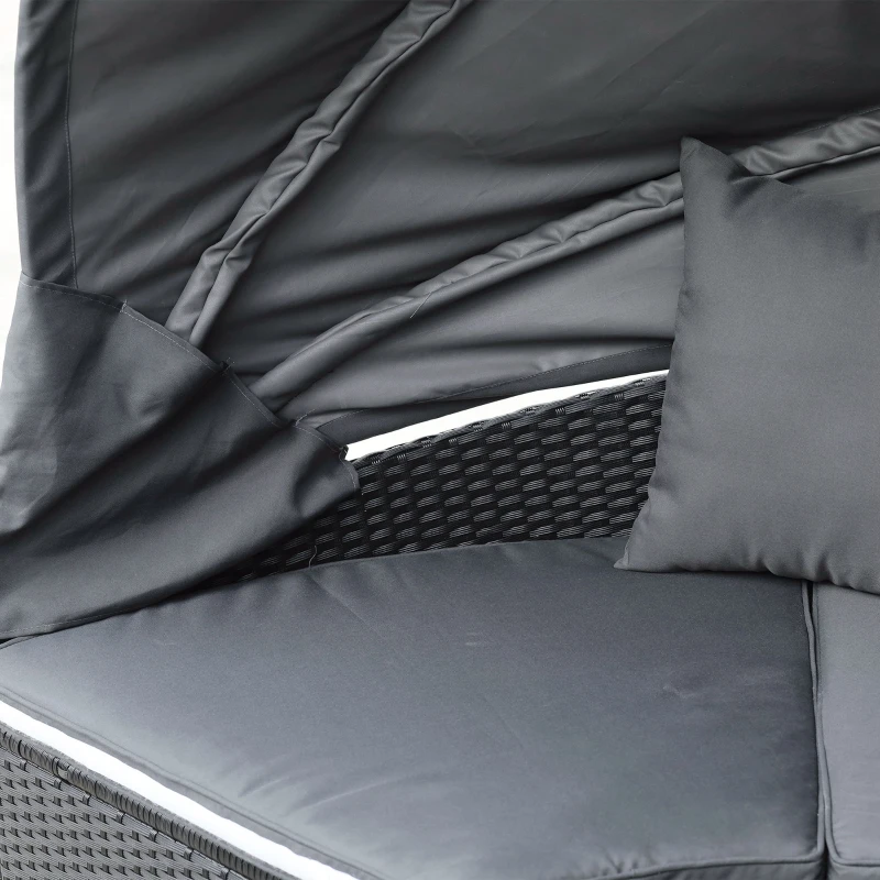 Best 4 Pieces PE Rattan Garden Daybed Set, Outdoor Wicker Cushioned Round Sofa Bed Conversation Furniture with Coffee Table & Canopy, Black - Image 8