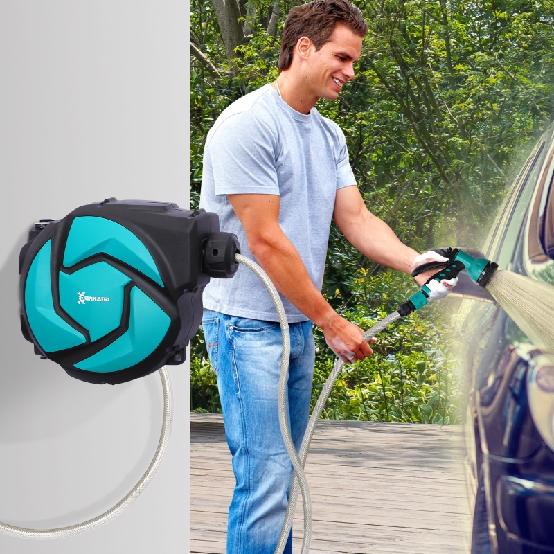 DURHAND 10m Garden Auto Hose Reel Wall Mounted Retractable 7 Patterns Spray Nozzle - Image 13