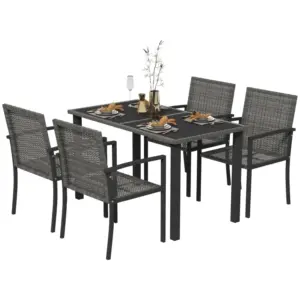 Best Outdoor Dining Set 5 Pieces Patio Conservatory with Tempered Glass Tabletop,4 Dining Chairs - Grey