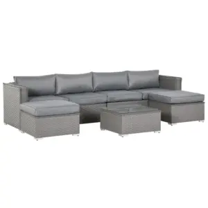 Best 5 PCs PE Rattan Wicker Corner Sofa Set Bonzer Outdoor Conservatory Furniture Lawn Patio Tea Table Footstool w/ Cushion - Grey