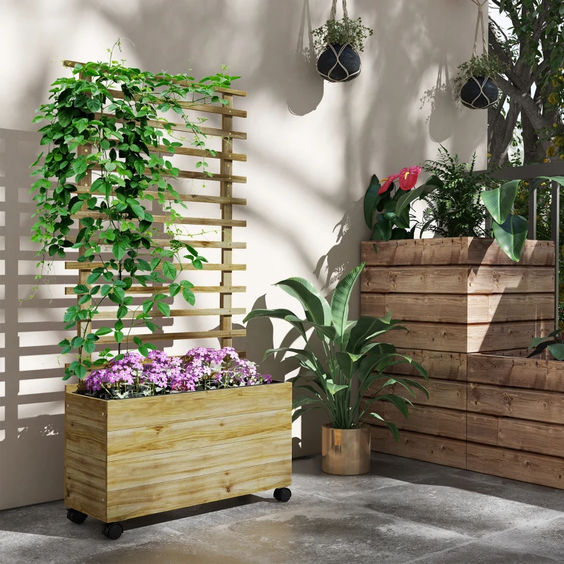 Best Wooden Raised Planter, with Back Trellis - Natural Finish - Image 2