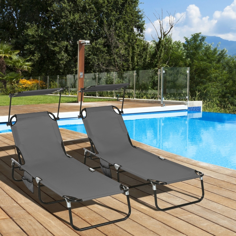 Best Set of Two Folding Sun Loungers, with Adjustable Backs and Sun Canopies - Grey - Image 10