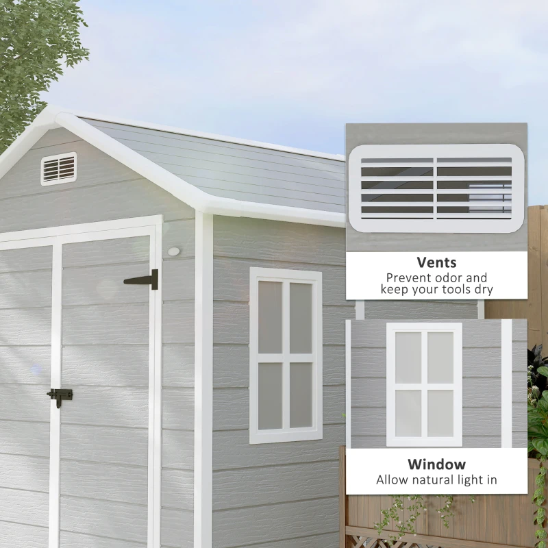 Best 6 x 5ft Garden Shed, Plastic Shed with Floor, Window, Lockable Doors and Vents, Wood Effect Resin Tool Shed for Outdoor Patio, Light Grey - Image 6