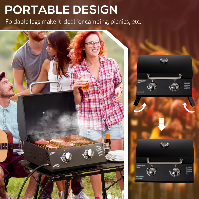 Best 2 Burner Gas BBQ Grill Outdoor Portable Folding Tabletop Barbecue w/ Lid, Thermometer, Carbon Steel, Black - Image 5