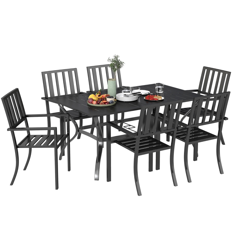 Best 7 Pieces Garden Table and Chairs 6 Seater Outdoor Table and Chairs with Umbrella Hole, for Poolside, Garden, Black - Image 10