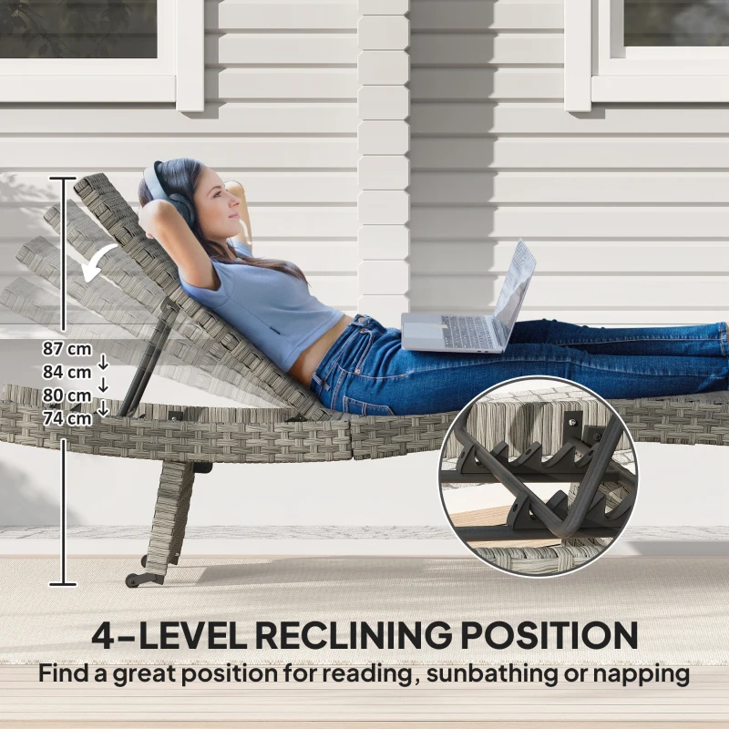 Best Outdoor PE Rattan Sun Lounger, Folding Wicker Garden Lounger Recliner with 4-Level Adjustable Backrest, Rolling Sunbed Lounge Chair with Wheels, Non-Slip Legs for Balcony, Beach, Mixed-grey - Image 5